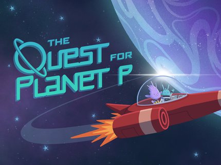 Two cartoon aliens in a red space rocket in front of a large planet.