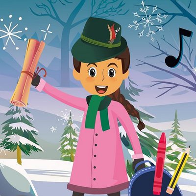 A snowy winter scene with Marian holding a scroll and a rucksack with pens and crayons falling out