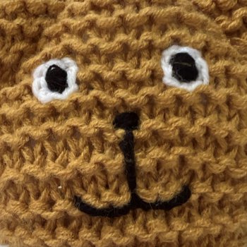 A hand knitted bear's face