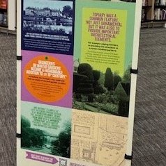 An exhibition panel showing images of gardens from Nottinghamshire Archives collections