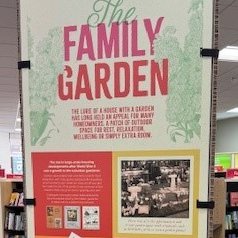 An exhibition panel showing images of gardens from Nottinghamshire Archives collections