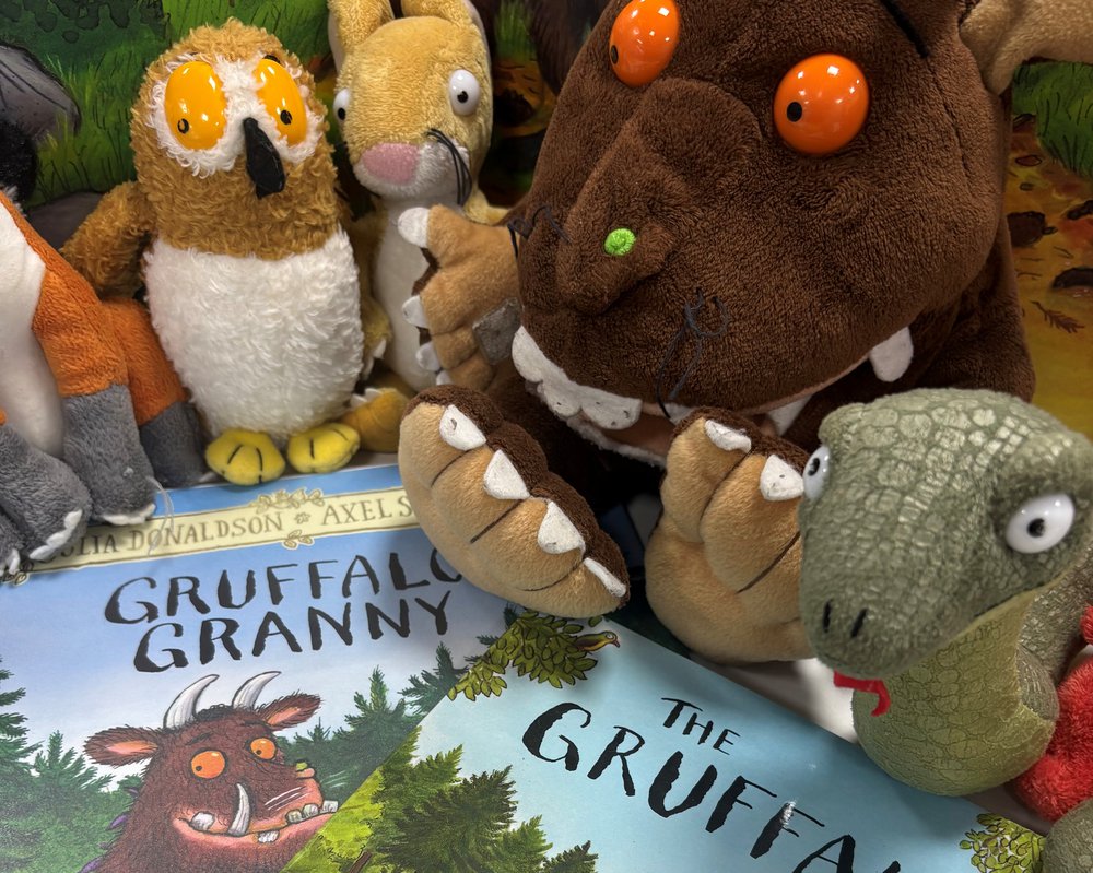 The Gruffalo stuffed characters, with the books