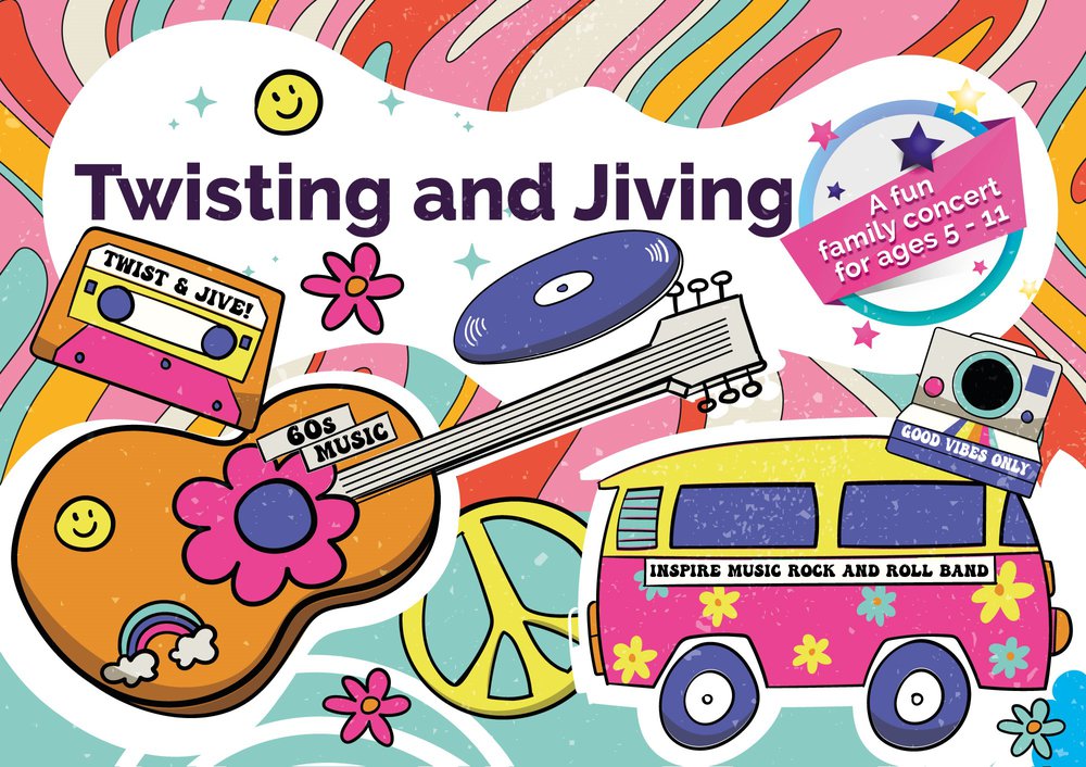 colourful 60's music themed items, guitar, record, cassette, campervan and peace sign