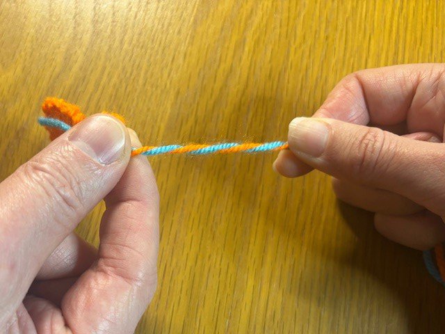 Two hands, twisting two pieces of yarn together