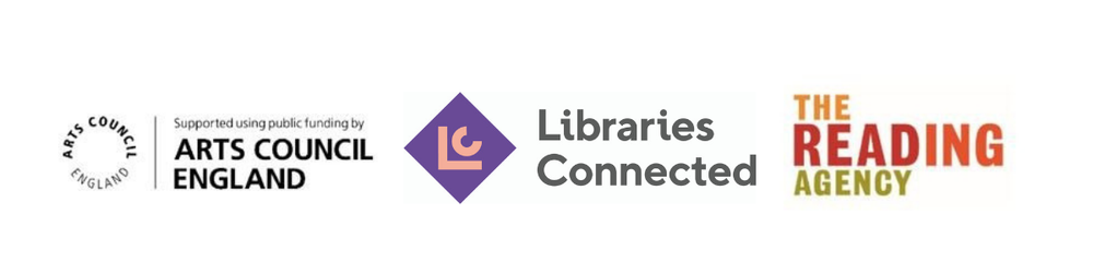 Banner with Arts Council England logo, Libraries Connected logo and The Reading Agency logo