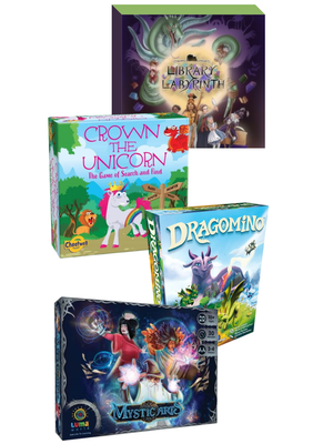 The boxes for four board games - Library Labyrinth, Crown the Unicorn, Dragomino and Mystic Arts