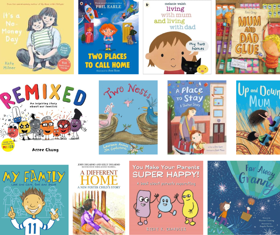 Collage of books about family breakdown, divorce, sense of home and adoption