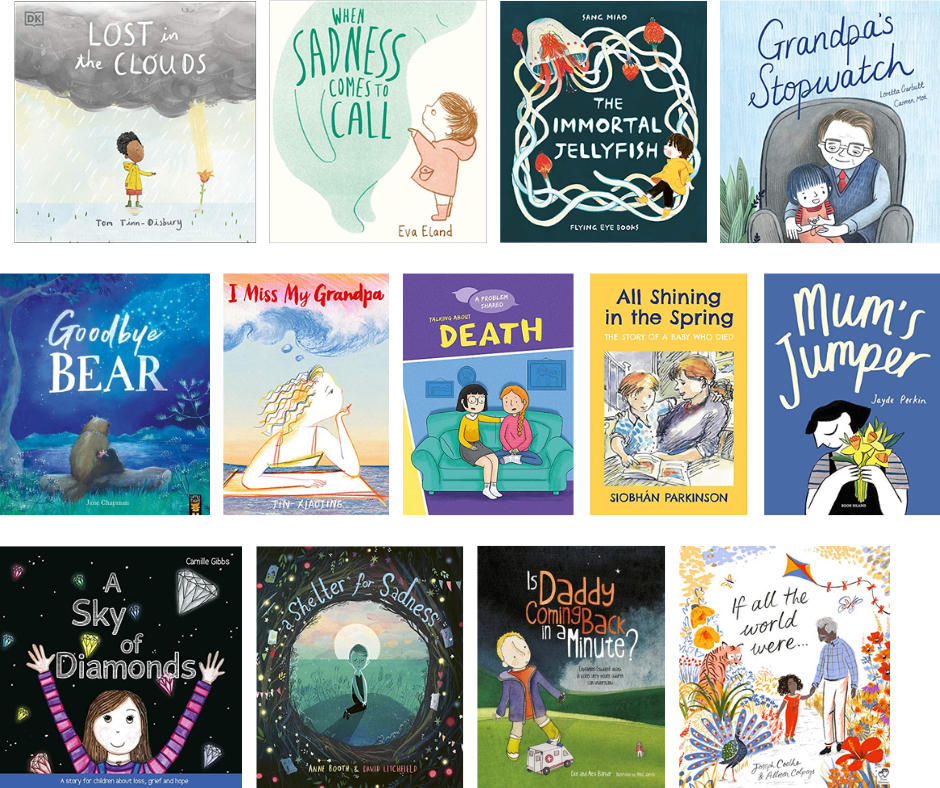 Collage of books about death, grief and loss of a loved one