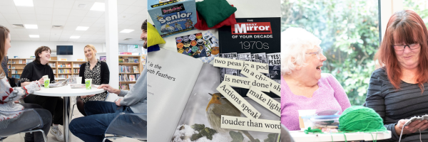 Image showing four people talking around a table (left), the contents of an Adult Care Case (middle) and two people crafting and laughing together (right)