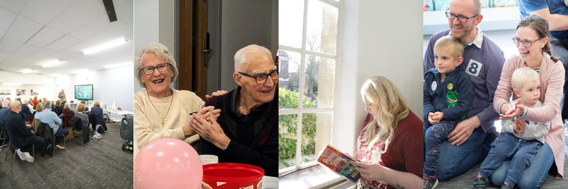 4 images of people of different ages enjoying themselves in a library