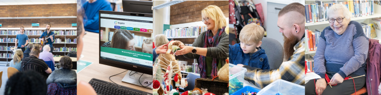 Collage of images, showing people of all ages enjoying their time in the library. Includes knitting groups, reading with children, music performances and more