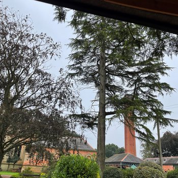 Photograph of view from the inside of a camper van looking at the chimney at Papplewick Pumping Station