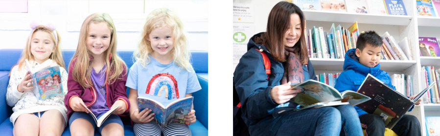 Left: three girls sat on a blue sofa reading and smiling, right: mother and child reading together in the library