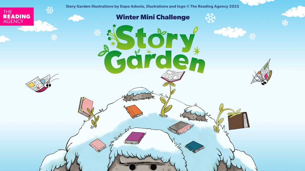 A rock giant is covered in snow! He's surrounded by books and bookish creatures.