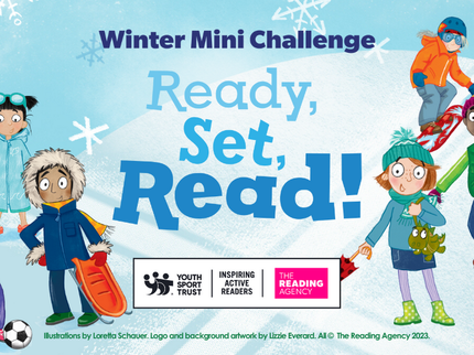 An illustration of the three girls and three boys in winter clothing against a snowy background with the heading Winter Mini Challenge Ready Set Read!