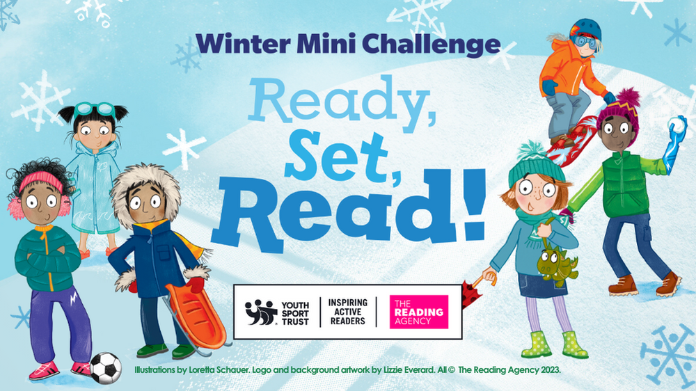 An illustration of the three girls and three boys in winter clothing against a snowy background with the heading Winter Mini Challenge Ready Set Read!