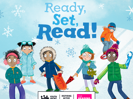 An illustration of the three girls and three boys in winter clothing against a snowy background with the heading Winter Mini Challenge Ready Set Read!