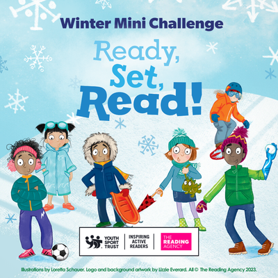 The six Ready, Set, Read! characters in winter clothes against a snowy background, with the text Winter Mini Challenge - Ready, Set, Read!
