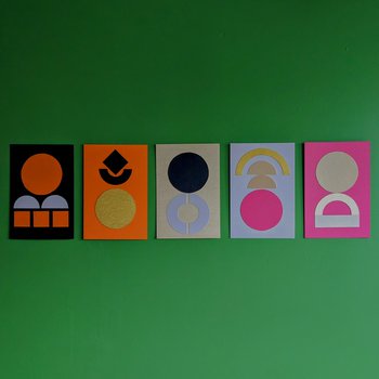 Five small paper cut outs using colourful shapes