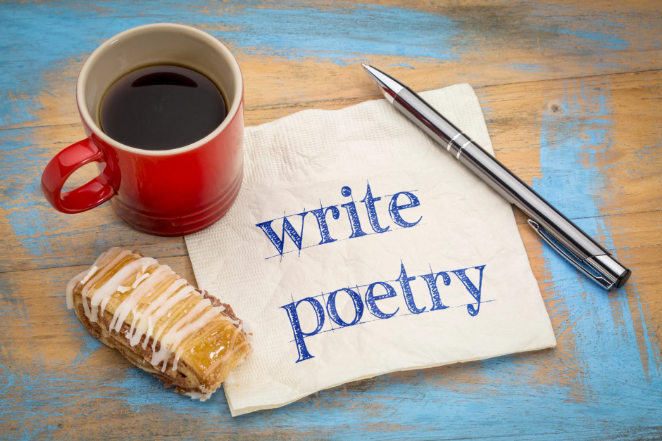 A napkin, mug and pastry with the text "Write poetry"