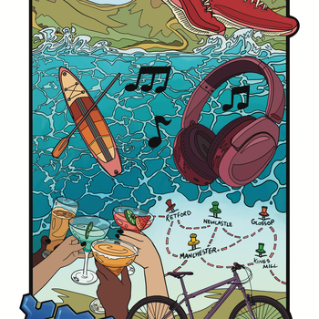 Digital illustration including a bike, headphones, red trainers and a boat.
