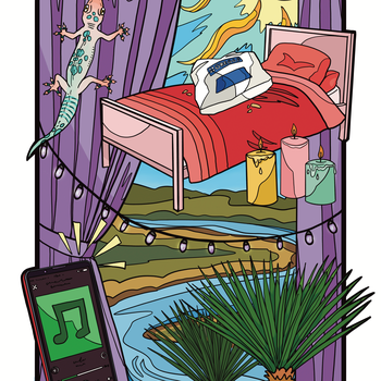 Digital illustration including a red bed, trees, and purple curtains.