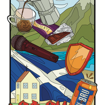 Digital illustration of a Scottish flag, can of Irn Bru, a microphone and coffee.