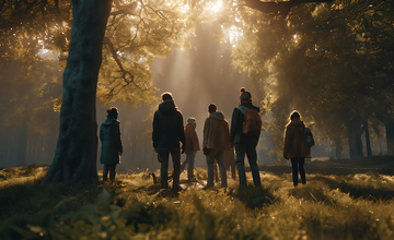 A group of adults, dressed warmly, standing in a sunlit forest clearing.