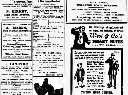 An image of the advertisement section of the Beeston Echo newspaper from the 19th century - black text and line drawings on a white background.