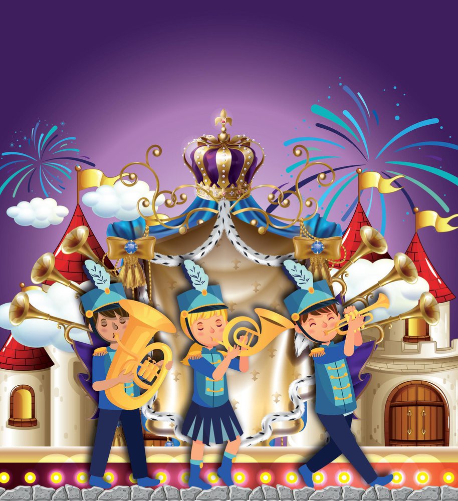 A cartoon image of a brass band playing their instruments.