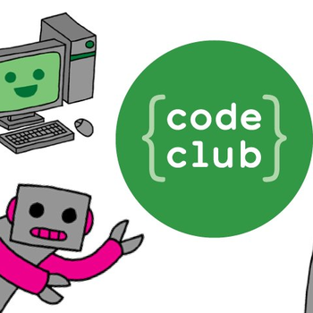 Cartoon robots around edge of a square with Code Club logo in a circe in the centre.