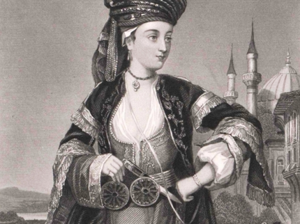 A black and white illustration of a Lady Mary Pierrepont (better known as Wortley-Montagu) in historical costume with a knife through her belt, posing against a backdrop of temples and camels