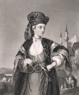A black and white illustration of Lady Mary Pierrepont (better known as Wortley-Montagu), in historical costume with a knife through her belt, posing against a backdrop of temples and camels