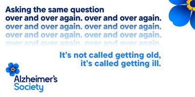 Alzheimer's society banner with logo and blue forget me not flower