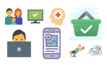 A variety of icons including family, mental health, smartphones, shopping and exercise