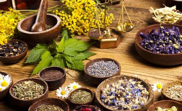 Bowls of herbs and flowers