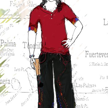 A drawing of someone wearing a red top and black trousers.
