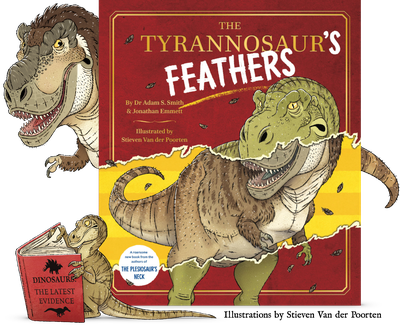 The book cover for Tyrannosaurus's Feathers by Jonathan Emmett - a red background with an image of a scaled T-Rex, with a strip torn across the centre to reveal a section of an alternative cover with a yellow background and a feathered T-Rex