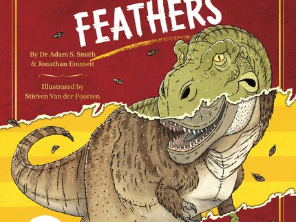 The book cover for Tyrannosaurus Feathers by Jonathan Emmett - a red background with an image of a scaled T-Rex, with a strip torn across the centre to reveal a section of an alternative cover with a yellow background and a feathered T-Rex