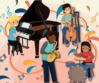 Cartoon image of children playing piano, drums, saxophone and cello.