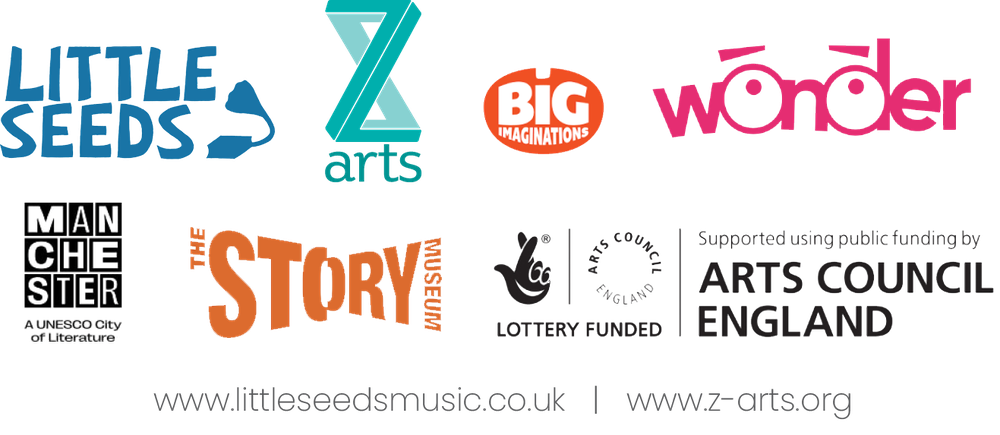 Logos for Little Seeds, Spark Arts, Big Imaginations, Wonder, Manchester UNESCO City of Literature, The Story Museum and Arts Council England