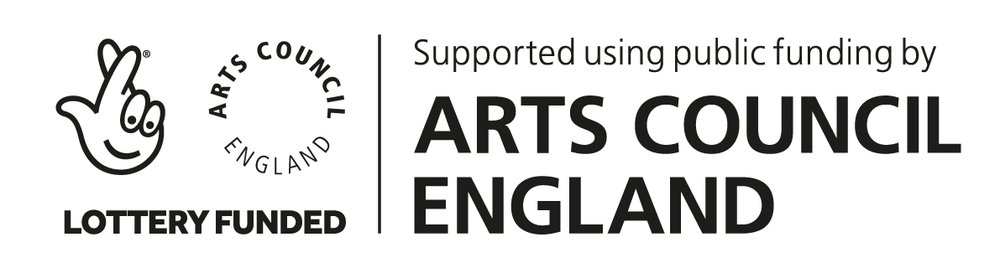 Black text-based logo on white background. The text reads: Arts Council England Lottery Funded, Supported using public funding by Arts Council England