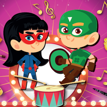 Cartoon image of superheroes playing musical instruments.
