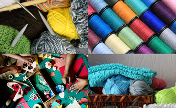 four images of different craft supplies for knitting, sewing, cutting shapes and wool