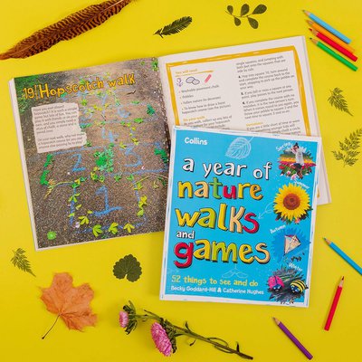 Book cover for A Year of Nature Walks and Games by Becky Goddard-Hill and Catherine Hughes and an image of the same book, open to a page with the heading Hopscotch Walk
