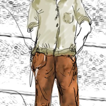 Drawing of someone wearing a brown top and trousers.