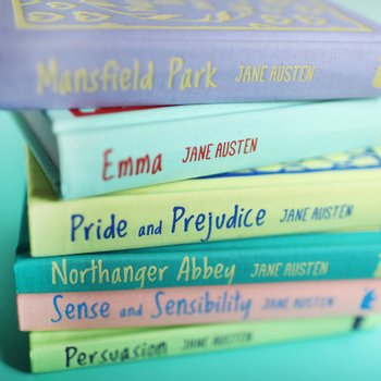 Stack of books including Pride and prejudice and Emma by Jane Austen