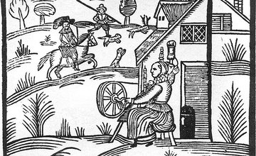 Black and white line illustration of a woman spinning outside her house while men on horseback ride by in the background.