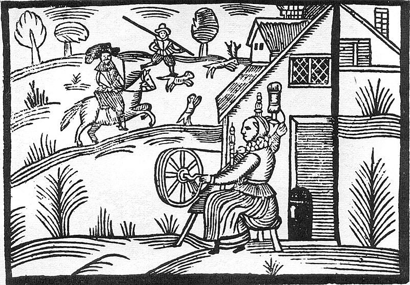 Illustrated civil war scene including woman at spinning wheel and horses in background
