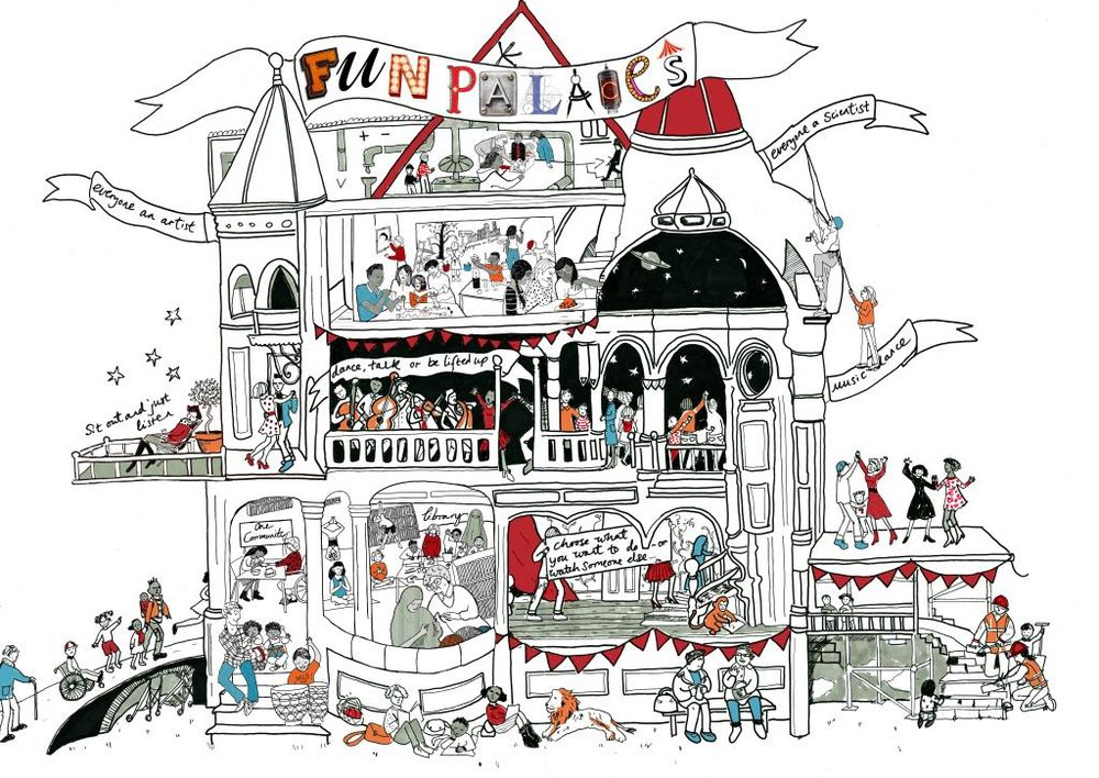 Illustration of a palace and people with banners and bunting to celebrate the Fun Palace